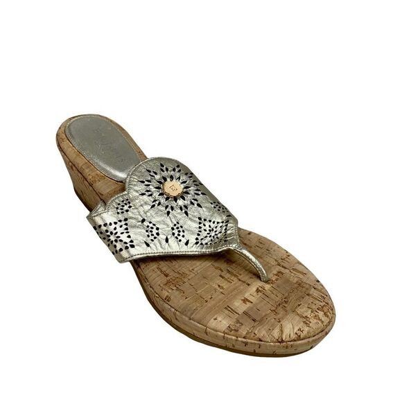 Eric Javits Gold Leather with Cutouts Cork Wedge Thong Sandals 10 NARROW - Picture 2 of 11